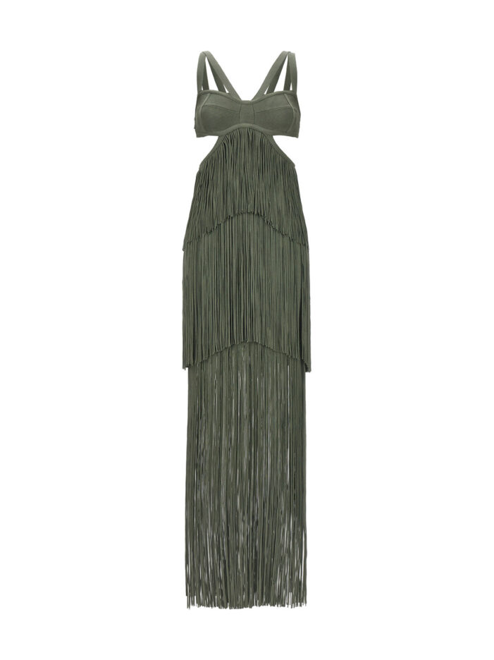 'Strappy Tiered Fringe' dress HERVE LEGER Green