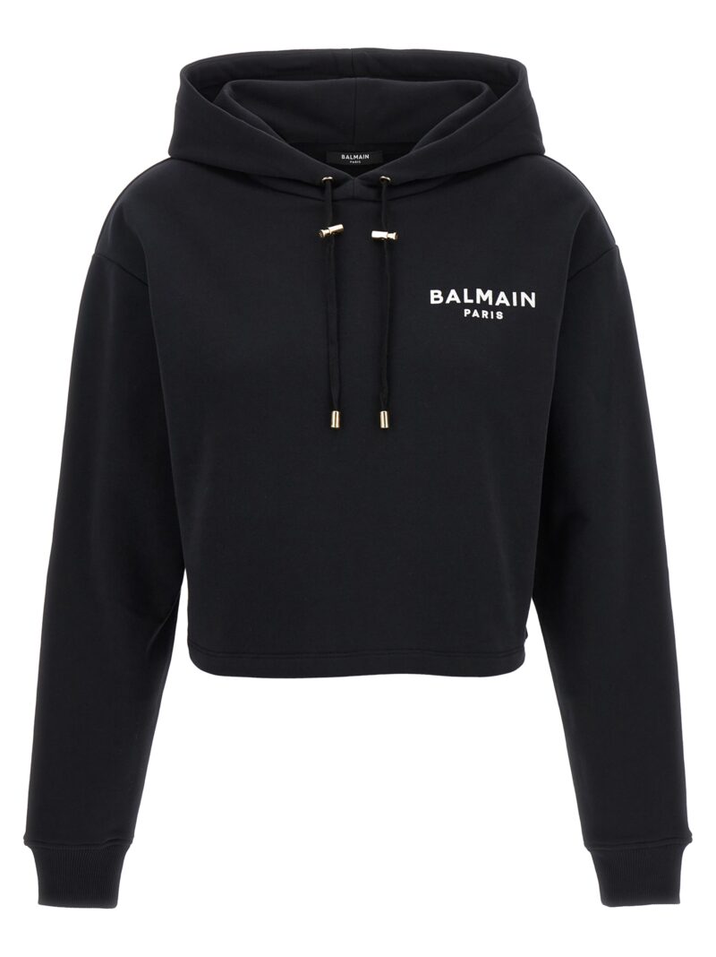 Flocked logo cropped hoodie BALMAIN White/Black