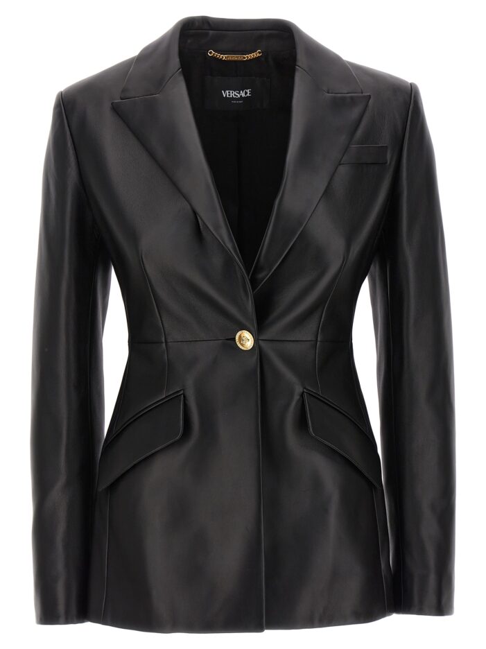 Single-breasted leather blazer VERSACE Black