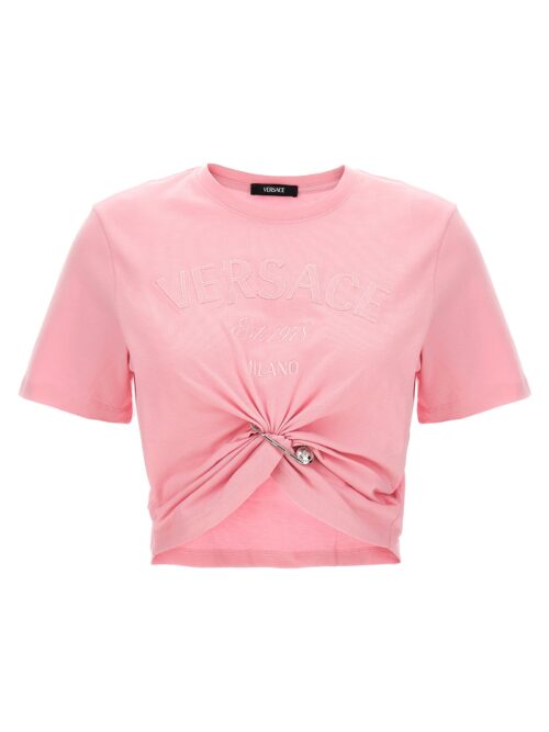 Bropped t-shirt with embroidered logo pin VERSACE Pink