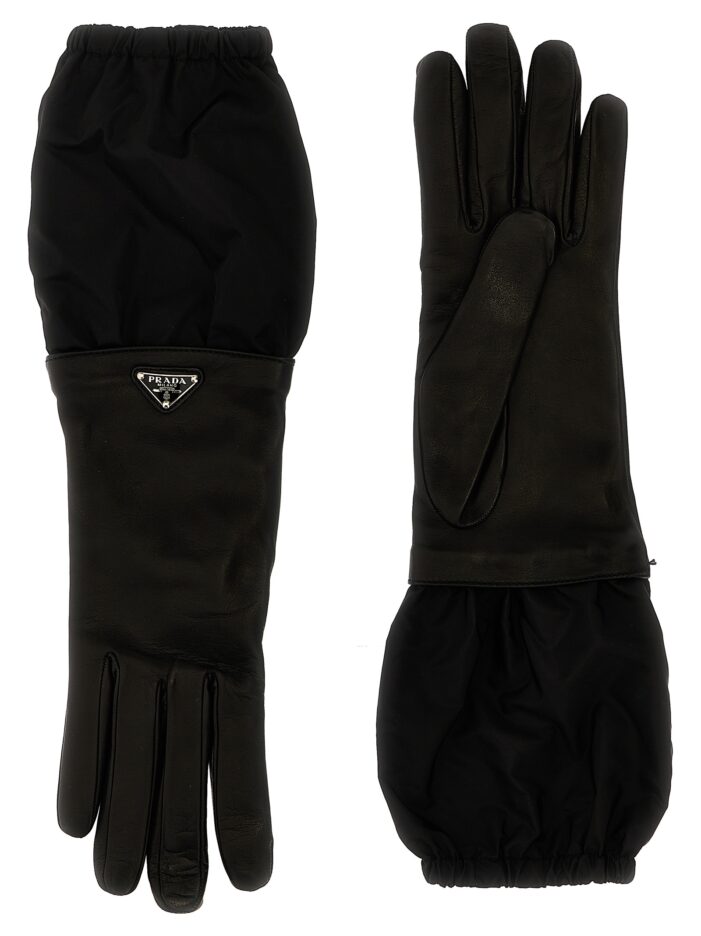 Logo nylon leather gloves PRADA Black