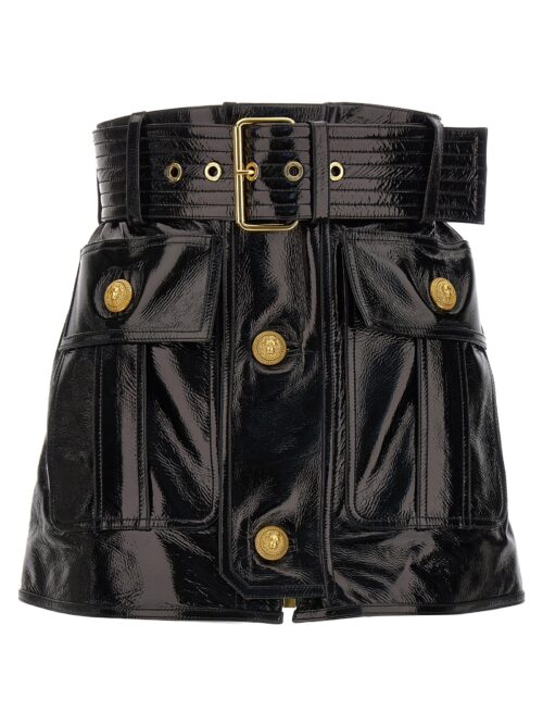 Belt-up shiny leather skirt BALMAIN Black