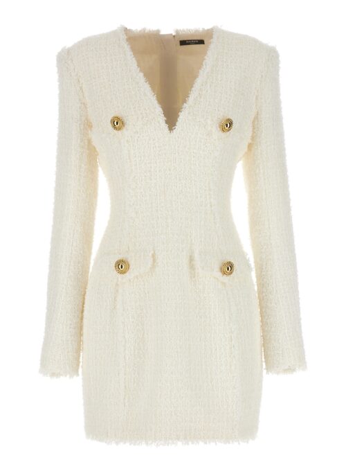 Logo button tweed dress BALMAIN White