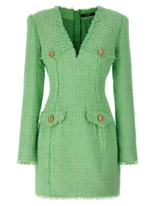 Logo button tweed dress BALMAIN Green