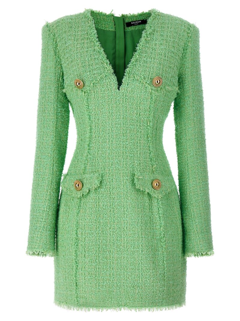 Logo button tweed dress BALMAIN Green