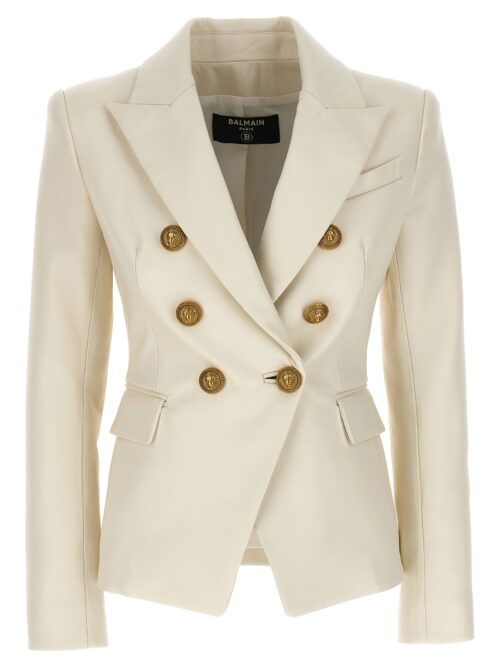 Double-breasted leather blazer BALMAIN White