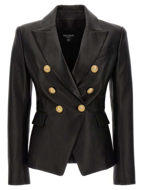 Double-breasted leather blazer BALMAIN Black