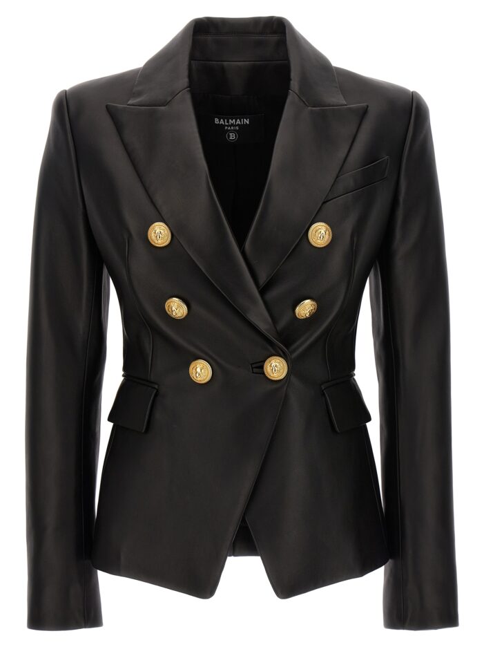 Double-breasted leather blazer BALMAIN Black