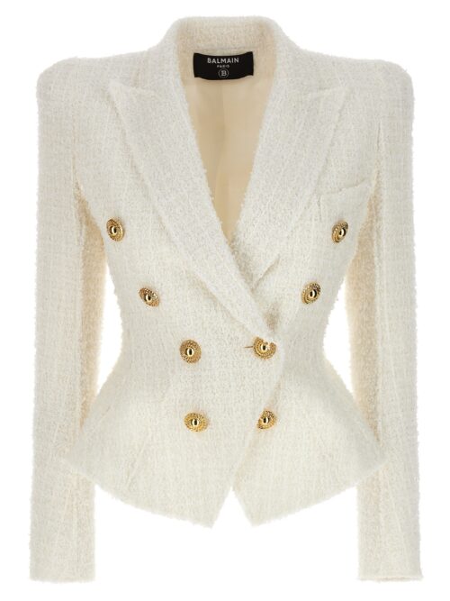 Double-breasted tweed blazer with logo buttons BALMAIN White