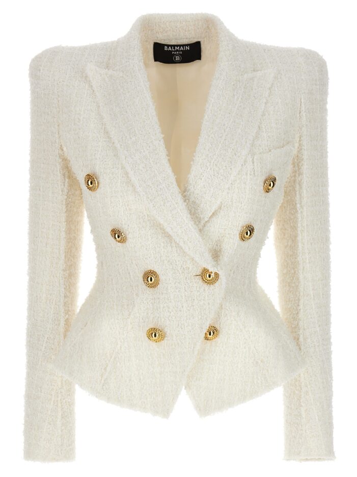Double-breasted tweed blazer with logo buttons BALMAIN White