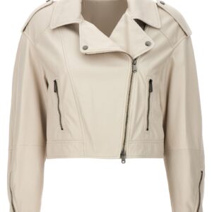 Leather biker jacket BRUNELLO CUCINELLI White