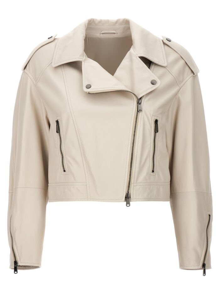 Leather biker jacket BRUNELLO CUCINELLI White