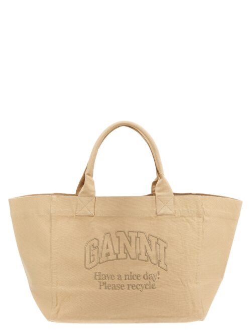 Oversized shopping bag with logo embroidery GANNI Beige