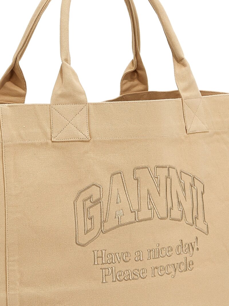 Oversized shopping bag with logo embroidery Woman GANNI Beige