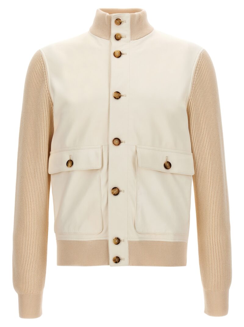 Leather jacket with knit inserts BRUNELLO CUCINELLI White