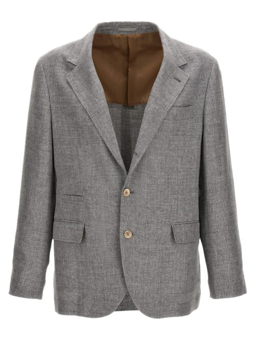 Single-breasted linen blend blazer BRUNELLO CUCINELLI Gray