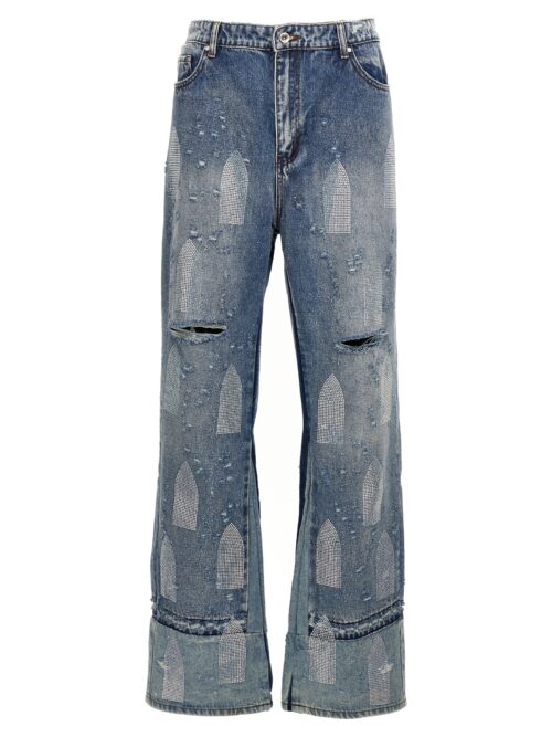 'Rhinestone Washed Denim' jeans WHO DECIDES WAR Light Blue