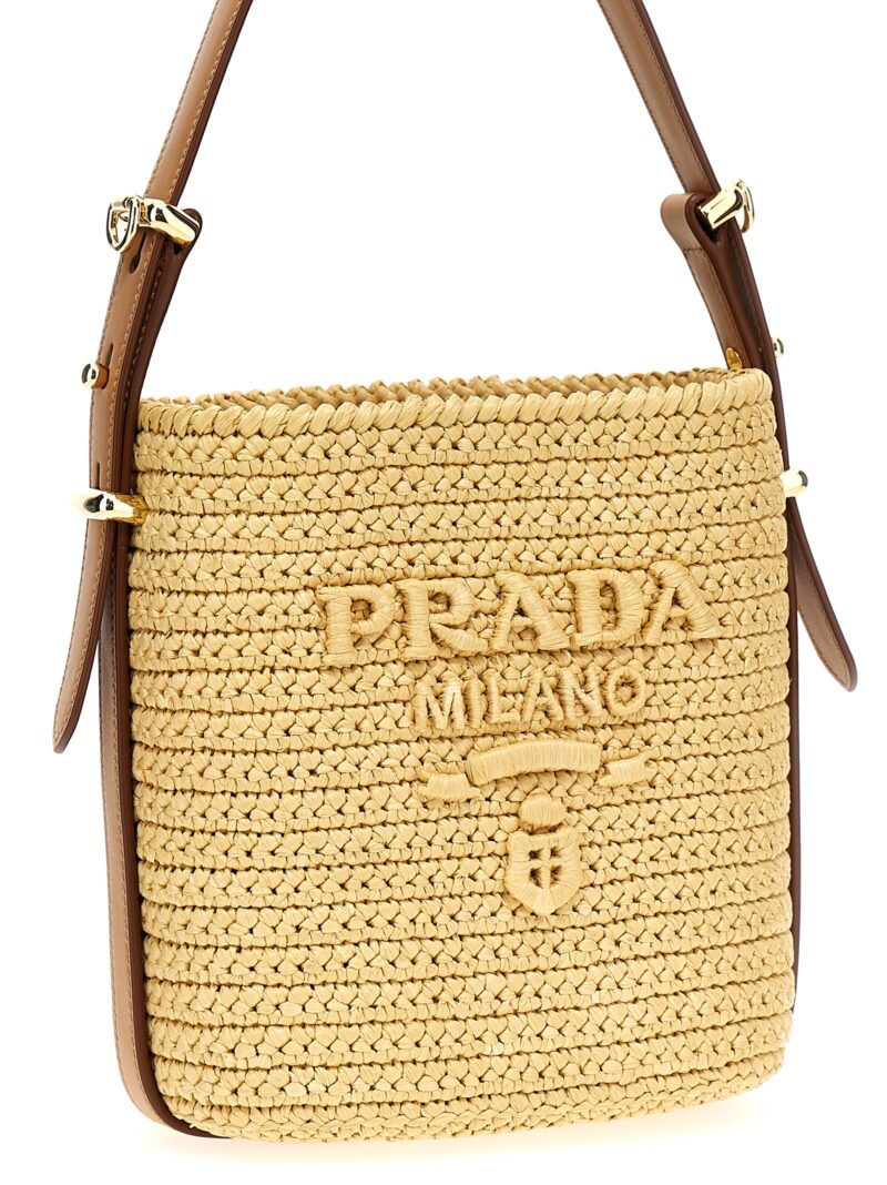 Logo raffia bucket bag Woman PRADA Beige