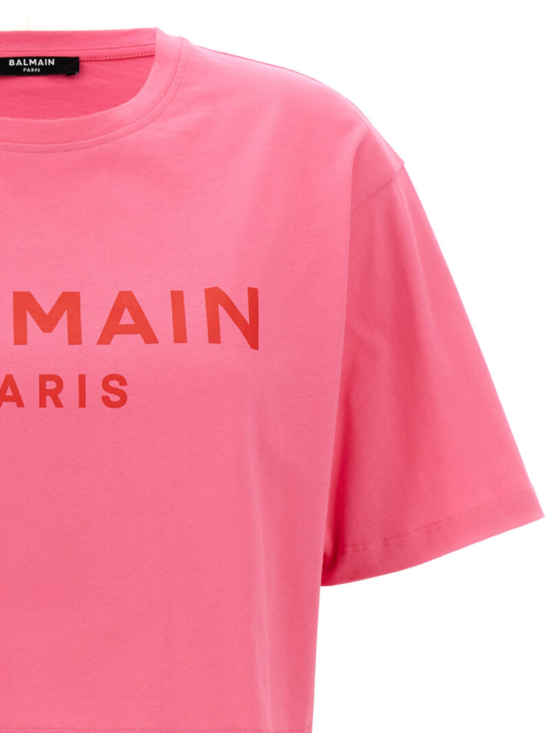 Logo print cropped t-shirt Woman BALMAIN Fuchsia