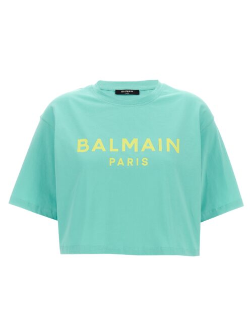 Logo print cropped t-shirt BALMAIN Light Blue