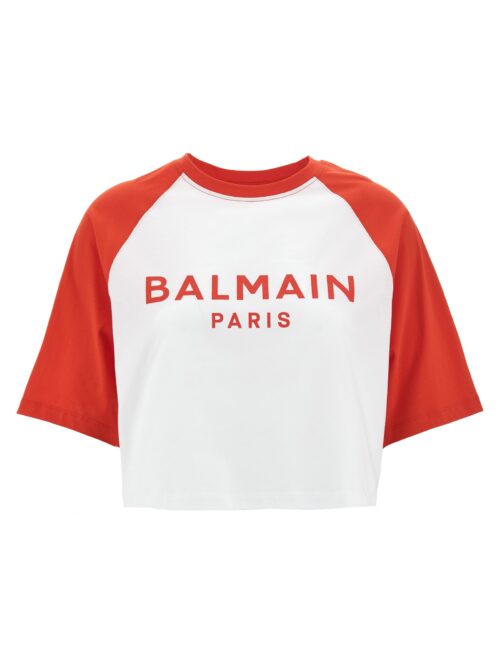 Logo print cropped T-shirt BALMAIN Red