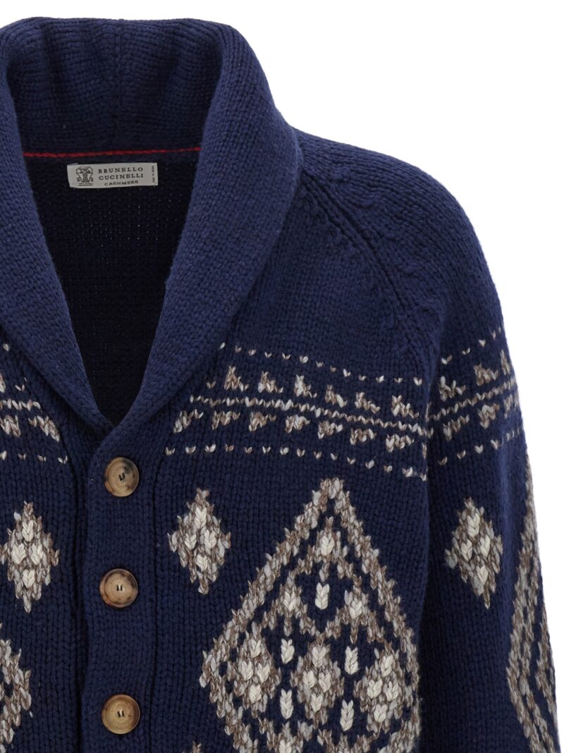 Jacquard cashmere cardigan Man BRUNELLO CUCINELLI Blue