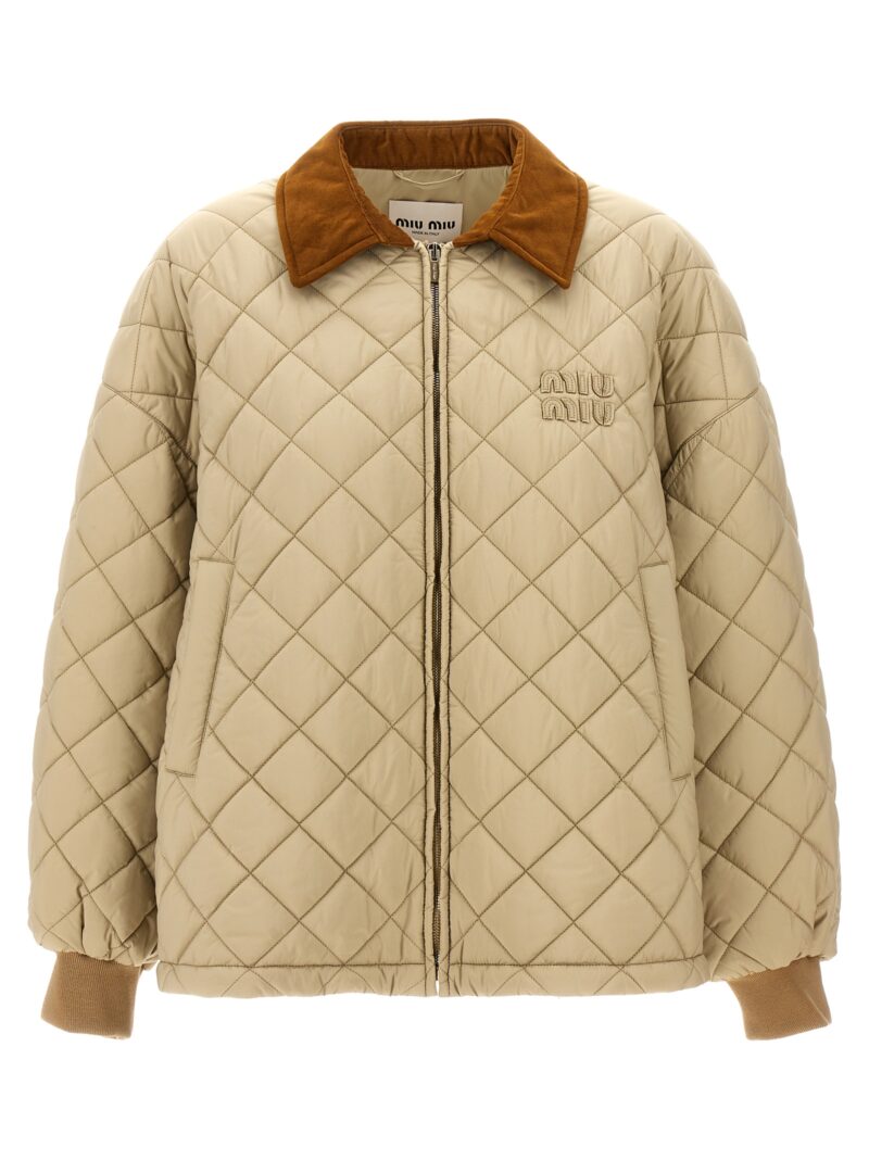 Logo quilted down jacket MIU MIU Beige