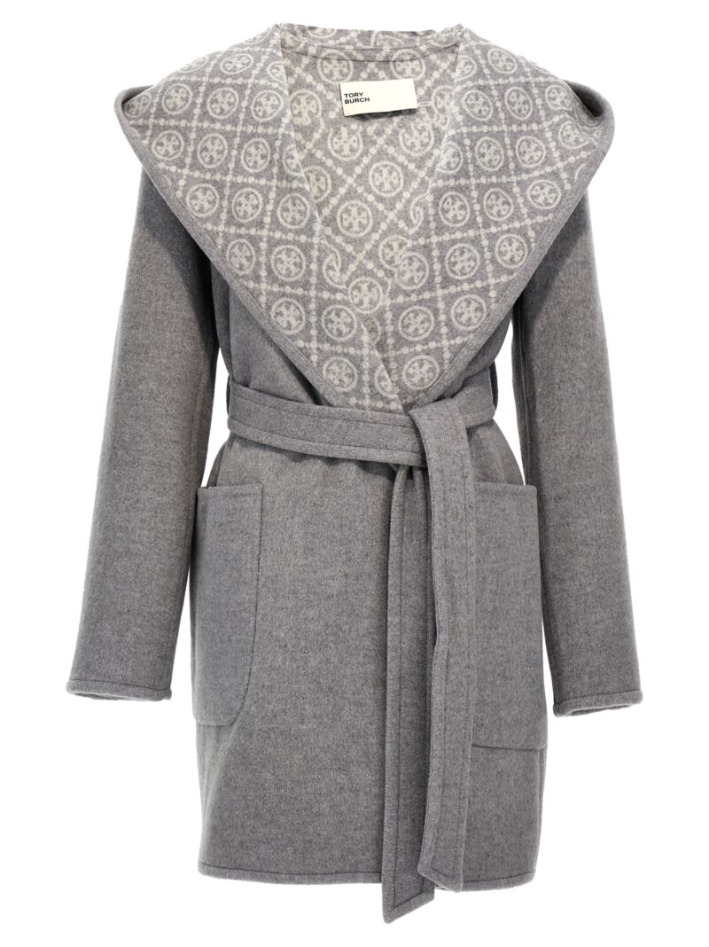 Wool hooded coat TORY BURCH Gray