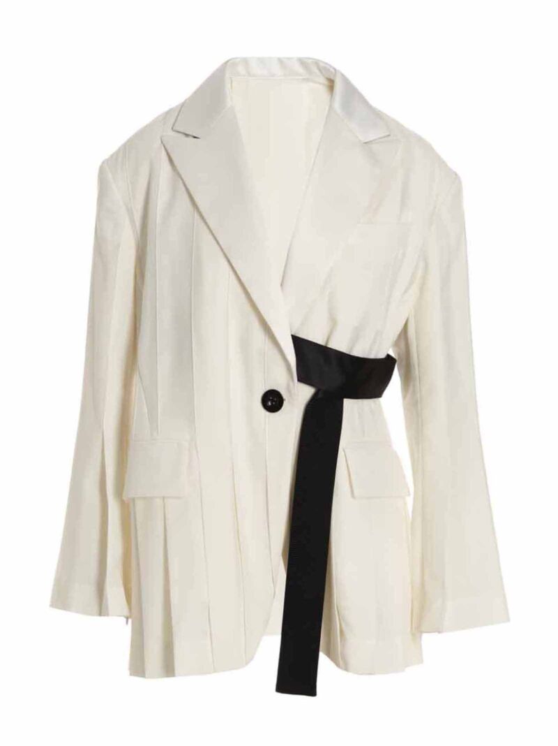 Single breast belted pleated blazer jacket SACAI White/Black