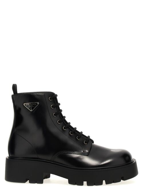 Logo brushed leather ankle boots PRADA Black