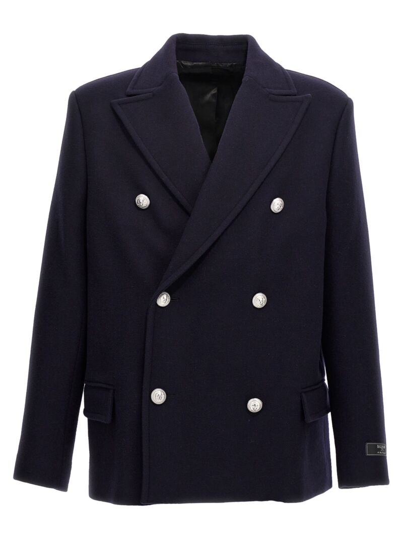 Double-breasted coat with logo buttons BALMAIN Blue