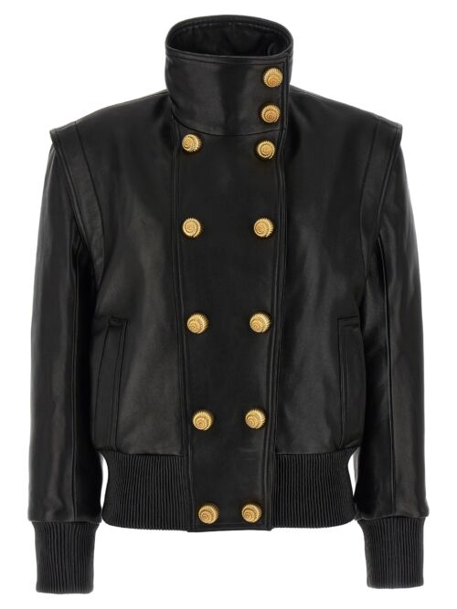 Double-breasted leather bomber jacket BALMAIN Black