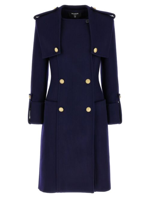 Double-breasted long coat BALMAIN Blue