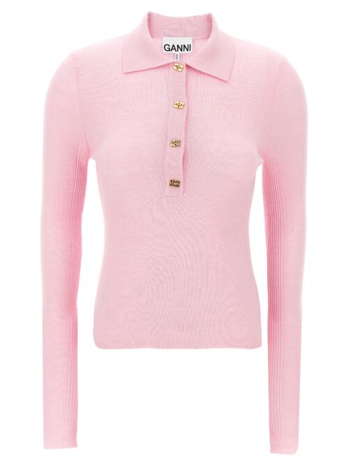 Logo embroidery knitted polo shirt GANNI Pink